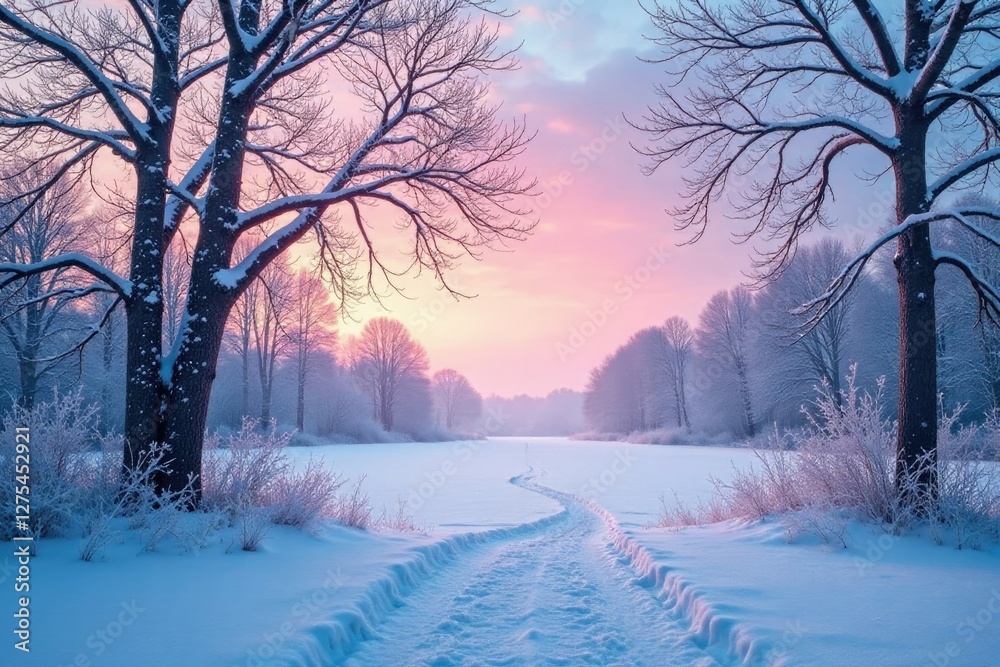 Naklejka premium Soft pink and blue sky above a frozen forest with bare tree branches, winter scenery, serene nature