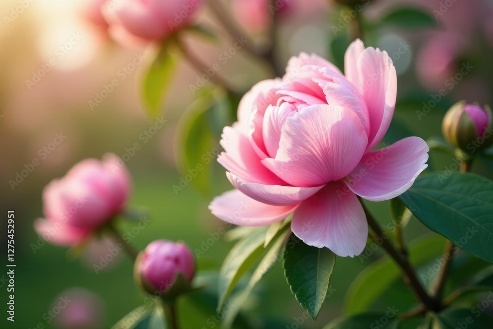 Soft pink peony blossoms unfold on the tree's branches, bloom, spring blooms, peony tree Soft pink peony blossoms unfold on the tree's branches, bloom, spring blooms, peony tree