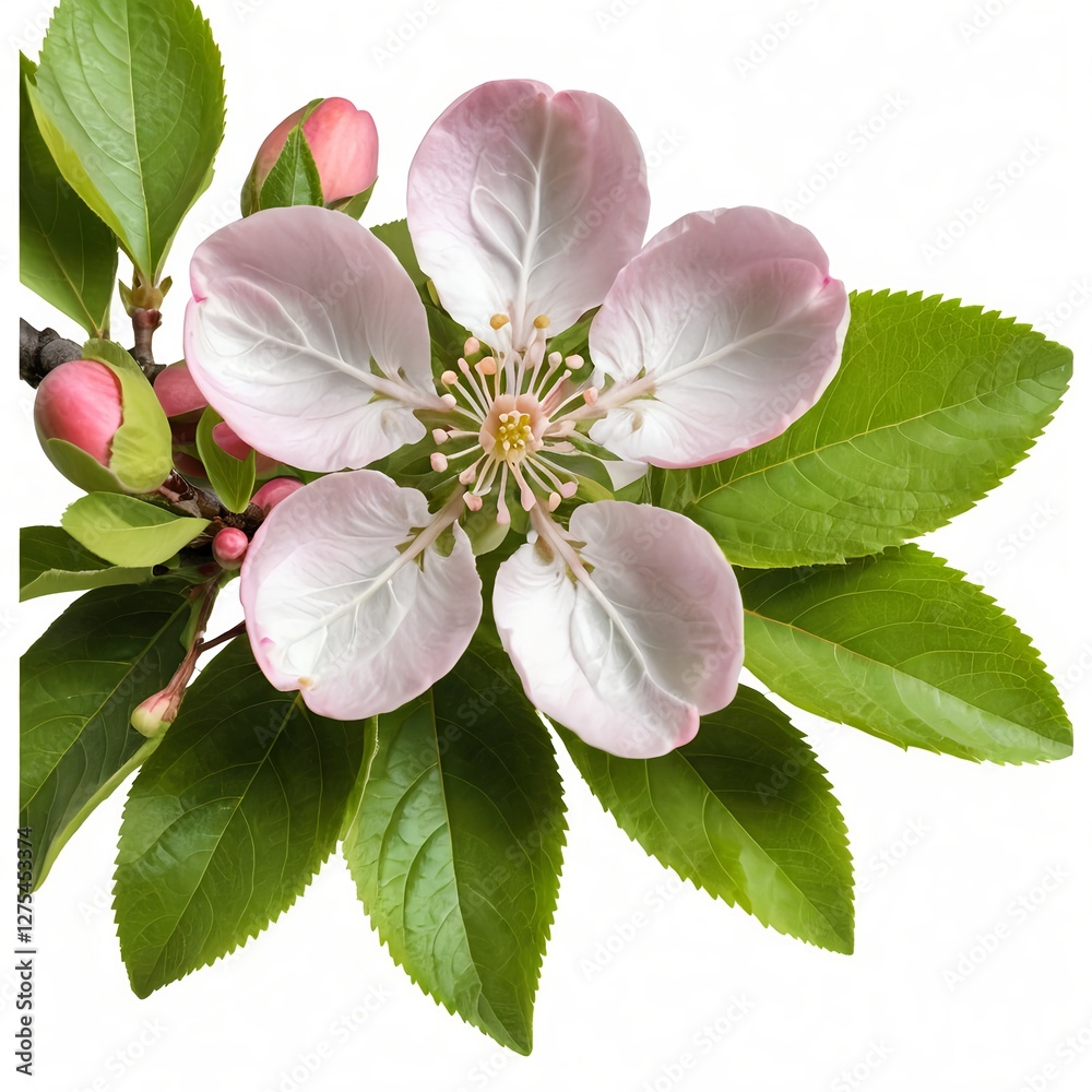 Naklejka premium Delicate Pink Apple Blossom with Green Leaves