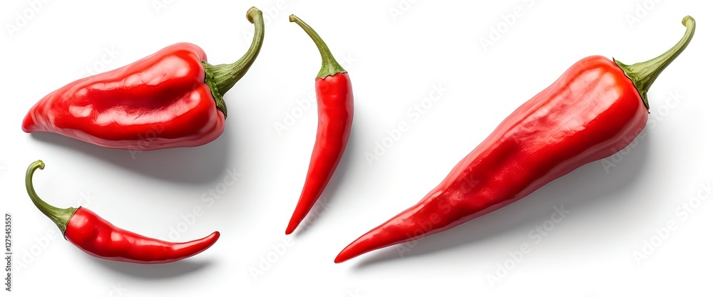 Red Chili Peppers, Variety of Sizes and Shapes, Isolated on White Red Chili Peppers, Variety of Sizes and Shapes, Isolated on White