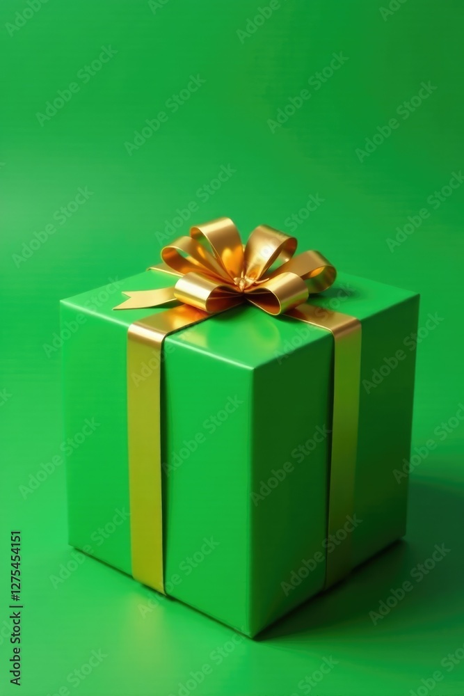 Fototapeta premium Green rectangular background with a shiny golden gift on top, present wrap, green
