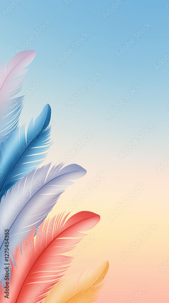 Naklejka premium Delicate feathers drifting across soft pastel gradient, forming ethereal artistic arrangement with expansive negative space