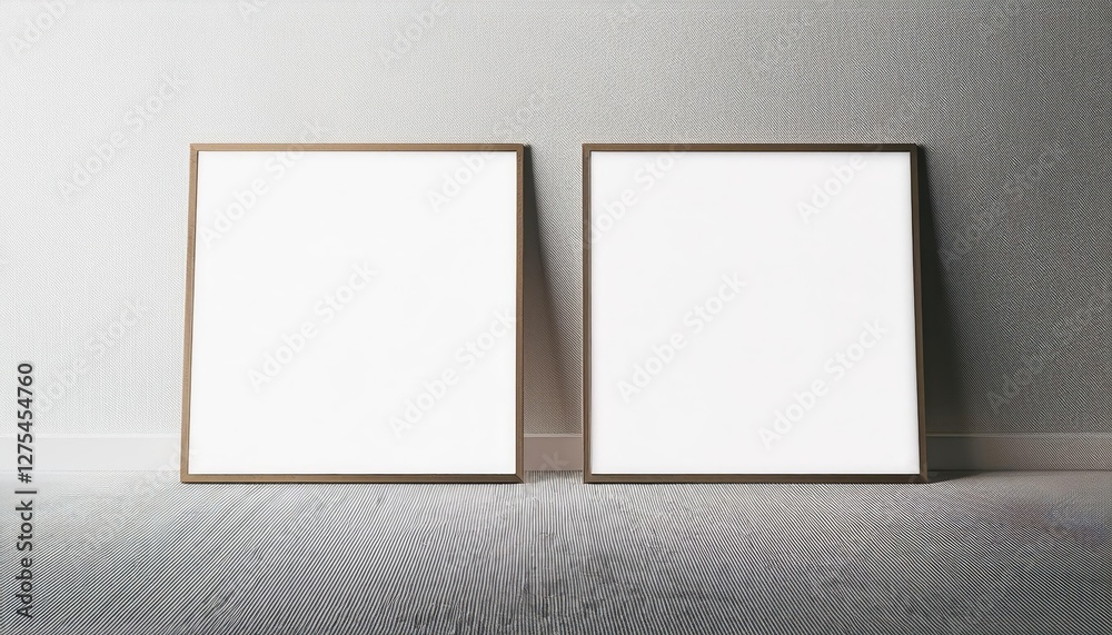 Two Blank Square Posters in a Minimalist Frame Mockup Against a White Backdrop, Standing Tall and Elegant on a Pure White Floor and Wall, Exuding Simplicity and Sophistication. Two Blank Square Posters in a Minimalist Frame Mockup Against a White Backdrop, Standing Tall and Elegant on a Pure White Floor and Wall, Exuding Simplicity and Sophistication.
