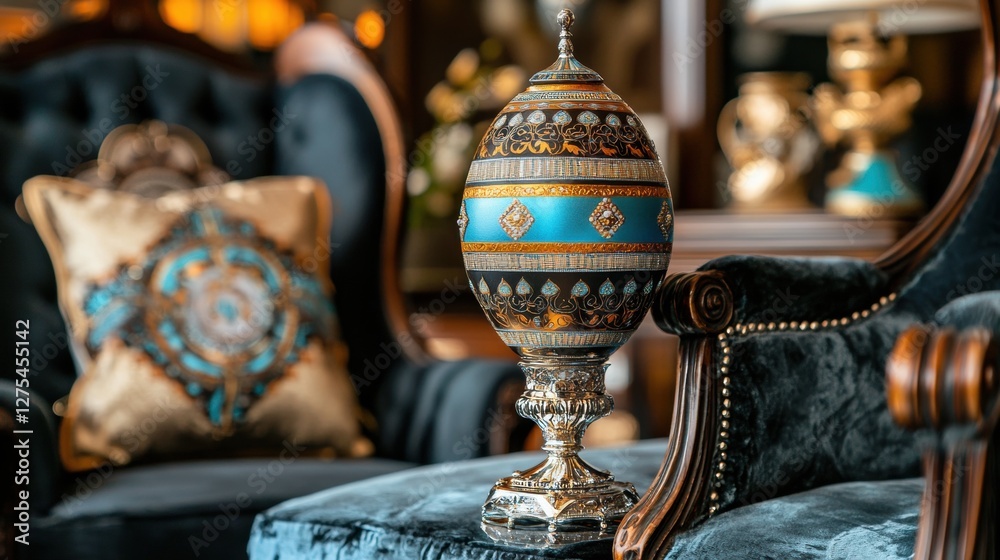 Fototapeta premium A large ornate vase with a blue and gold design sits on a dark blue velvet chair.