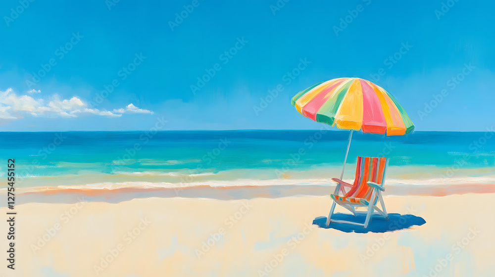 Colorful beach umbrella shading a relaxed person on sandy shore, bright blue ocean waves softly lapping at the beach. Colorful beach umbrella shading a relaxed person on sandy shore, bright blue ocean waves softly lapping at the beach.