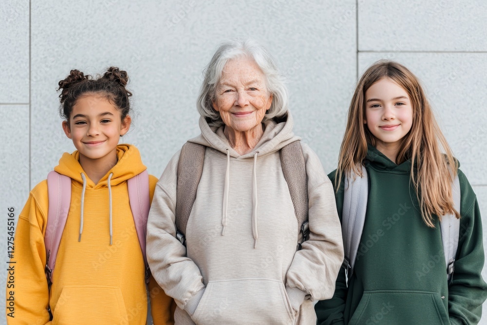 Trendy Grandma Teaching Gen Z Grandkids Social Media Posing in Cozy Attire Trendy Grandma Teaching Gen Z Grandkids Social Media Posing in Cozy Attire