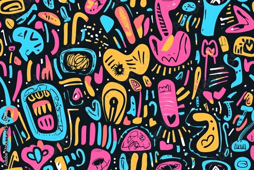 Creative doodle art with different shapes seamless texture map pattern background