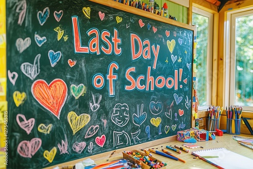 Colorful classroom chalkboard celebrating last day of school  
