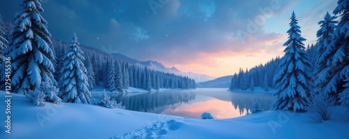 A winter wonderland with tall snowy trees and a bright blue sky at dusk under the stars, icy lake, snowfall, frost