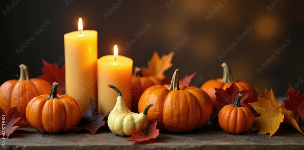 Candles and gourds in autumn arrangement on wooden table, halloween decor, cozy Candles and gourds in autumn arrangement on wooden table, halloween decor, cozy