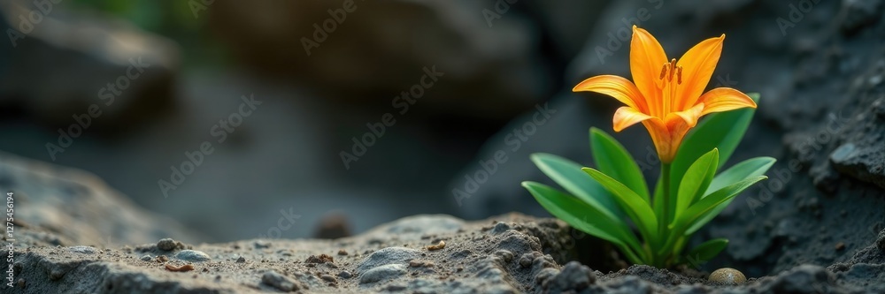 Orange yello lily stem with green leaves sprouting from a rocky crevice, plant, flowers, yellow Orange yello lily stem with green leaves sprouting from a rocky crevice, plant, flowers, yellow