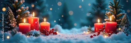 Candles and snowflakes create a whimsical winter wonderland, whimsical scenes, snowflake decorations, evergreen trees