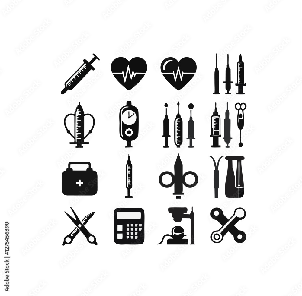 Obraz premium Medical Equipment, HIV Virus Organism and Healthcare Icons – Black Silhouette Vector
