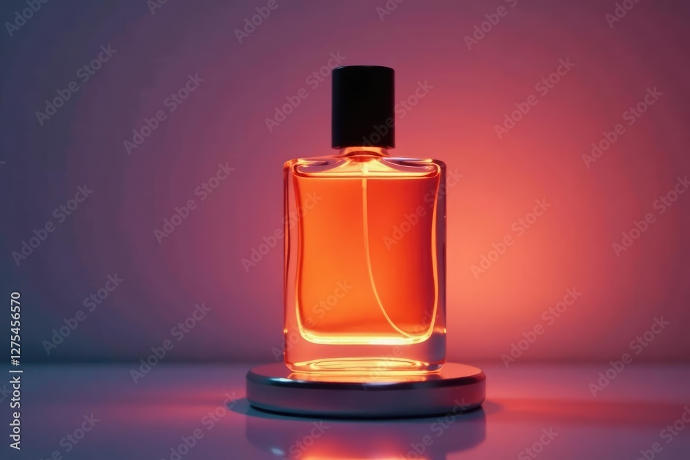 Perfume bottle illuminated by soft LED light on a polished steel base, glow, ambient Perfume bottle illuminated by soft LED light on a polished steel base, glow, ambient