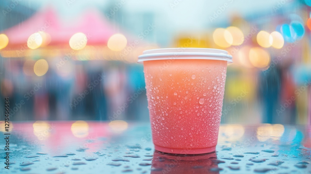 Colorful Beverage Cup with Condensation on Rainy Street Day Colorful Beverage Cup with Condensation on Rainy Street Day