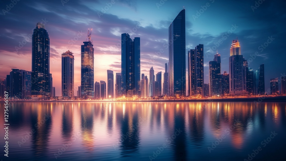 Fototapeta premium skyline of a modern city with iconic skyscrapers illuminated at twilight, reflections shimmering on glass facades