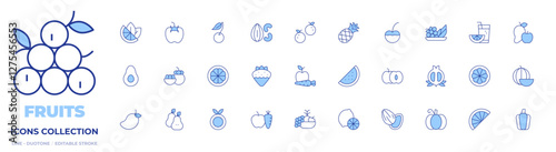 Fruits icons collection. Line Duotone style, editable stroke. almond, avocado, cherry, fruit, fruits, juice, lemon, lime, mango, mangosteen, nutrition, nuts, orange