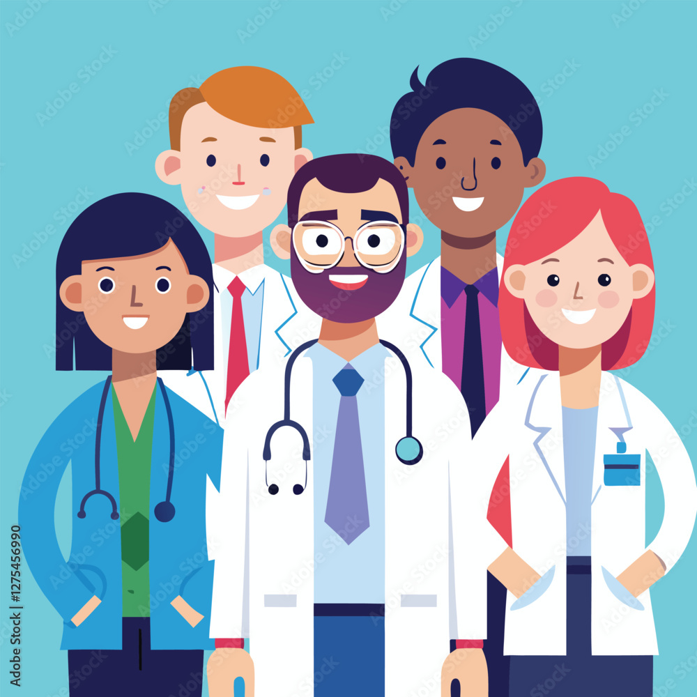 Multiethnic doctor team group with leader isolated vector illustration. Set of smiling doctors, nurses, paramedics. Different male and female medic workers in uniform with stethoscopes. Multiethnic doctor team group with leader isolated vector illustration. Set of smiling doctors, nurses, paramedics. Different male and female medic workers in uniform with stethoscopes.