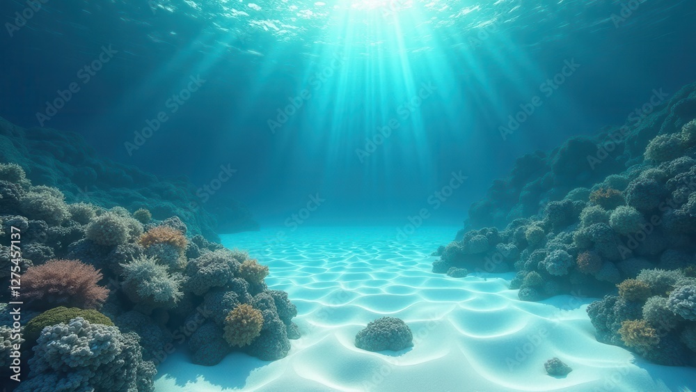Fototapeta premium Underwater coral reef with sunlight rays illuminating sandy seabed and rocks 