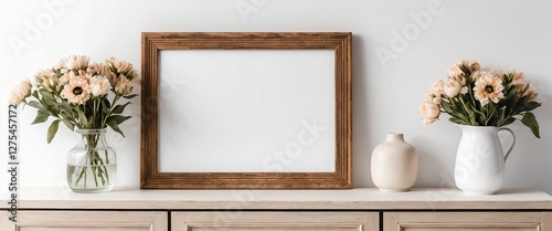 Blank Wooden Frame Mockup with Peach Flowers in Vases on Wooden Cabinet