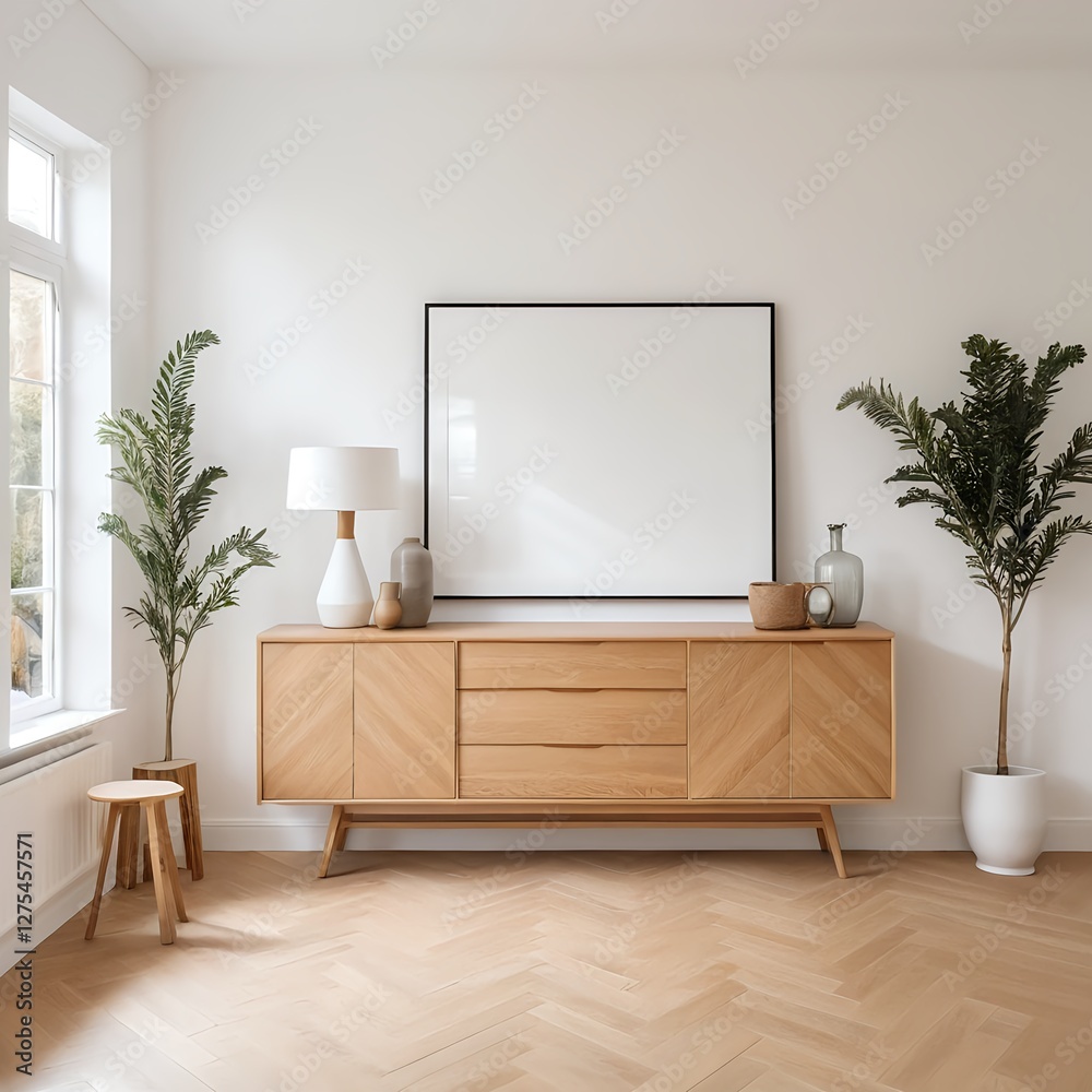 Modern Living Room Interior with Light Wood Cabinet and Herringbone Floor Modern Living Room Interior with Light Wood Cabinet and Herringbone Floor