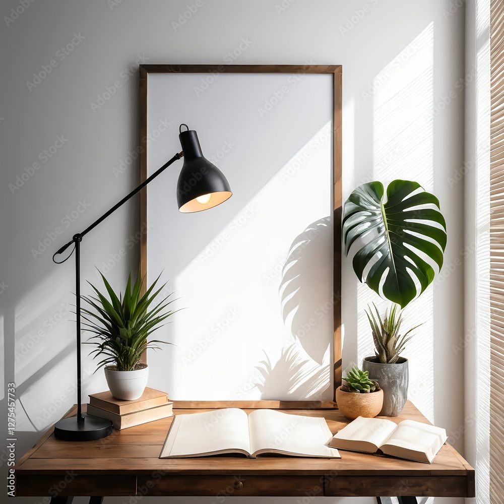 Fototapeta premium Blank Frame Mockup on Wooden Desk with Plants and Books