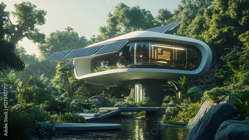 futuristic smart home with sleek architecture, solar panels, and lush green surroundings, seamlessly blending technology with sustainability