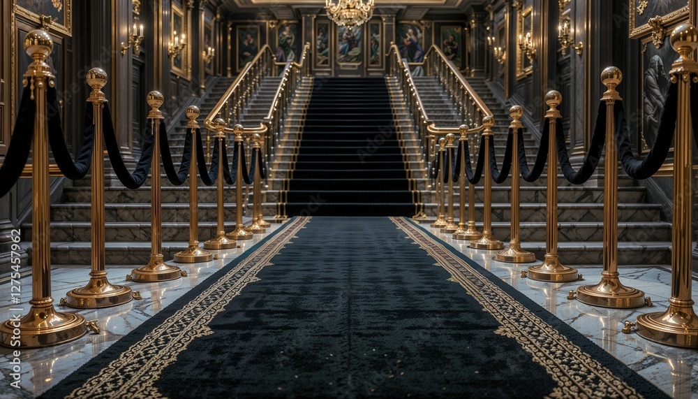 Obraz premium Elegant staircase with red carpet and velvet ropes in a luxurious hotel lobby