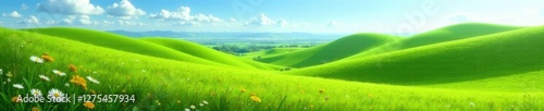 Rolling hills of emerald green with wildflowers swaying gently in the breeze, Fields, Fresh Air, Blue Sky