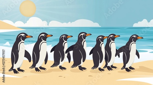 Seven penguins walking in a row on a sandy beach with blue sea and sky background