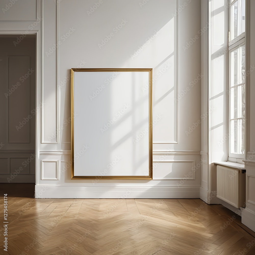 Fototapeta premium Blank Canvas in Classic Interior with Wooden Herringbone Floor