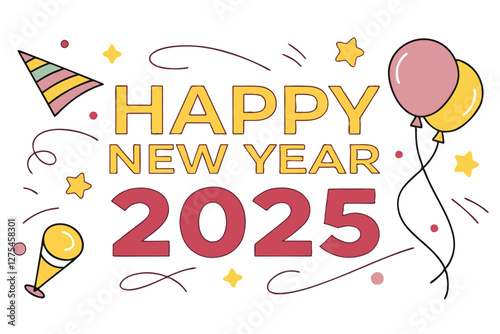 Happy New Year 2025 Greeting Card – Festive Vector with Fireworks, Confetti, and Hand-Drawn Typography