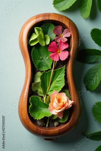 Detail of embedded leaves and flowers in the wooden massager, natural, leaf, calm