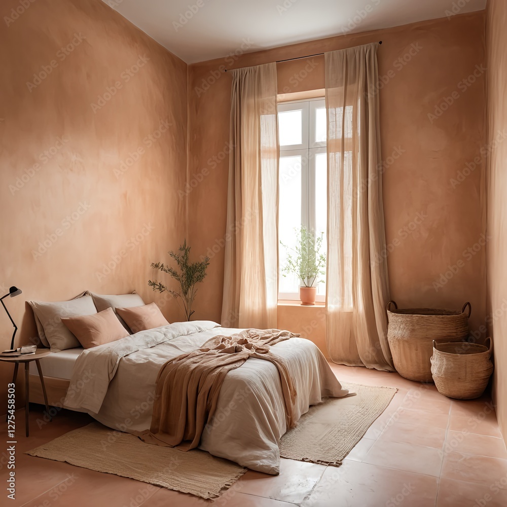 Fototapeta premium Beige Bedroom Interior with Terracotta Walls and Linen Bedding