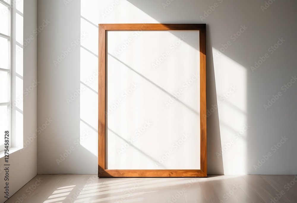 Empty Wooden Frame Against White Wall with Sunlight Empty Wooden Frame Against White Wall with Sunlight