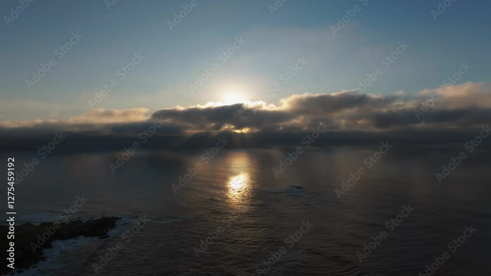Bright Sun Over The Seascape At Sunrise. - aerial shot Bright Sun Over The Seascape At Sunrise. - aerial shot