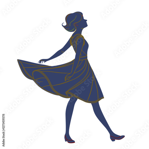Stylish Woman Silhouette in 1950s Mint Dress – Retro Vector Illustration with Bold Outlines