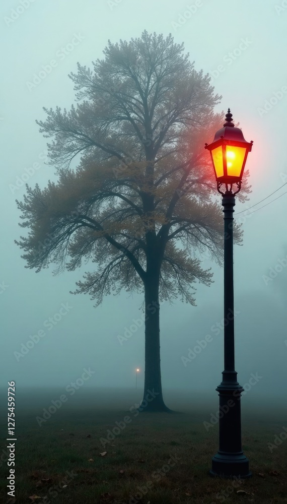 Foggy mist wraps around retro gas lamp on solitary tree, fog, gas lamp Foggy mist wraps around retro gas lamp on solitary tree, fog, gas lamp