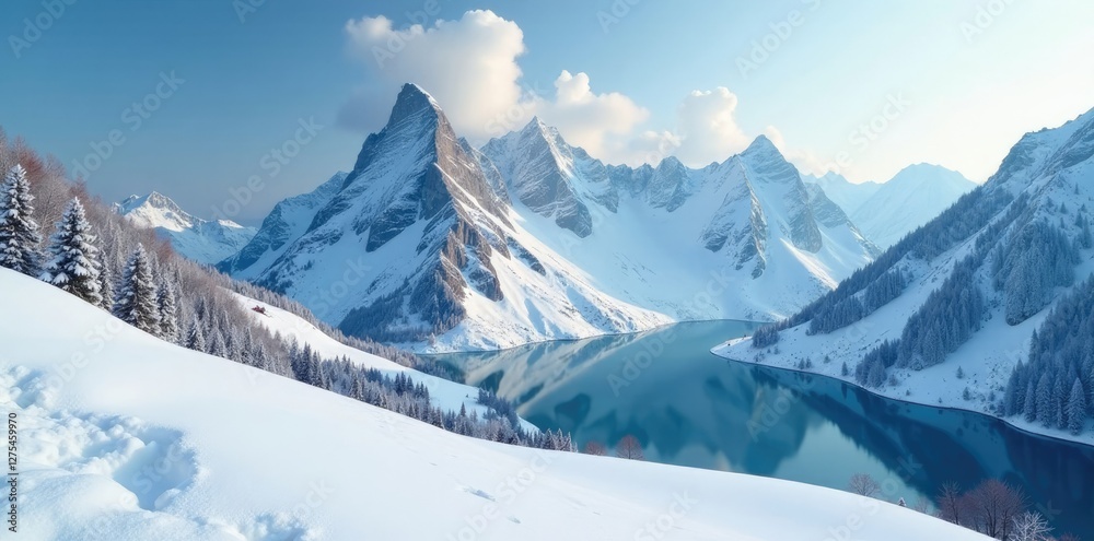 Obraz premium Snowy summit of Giewont mountain in Tatra Mountains, winter, frozen lake, frozen