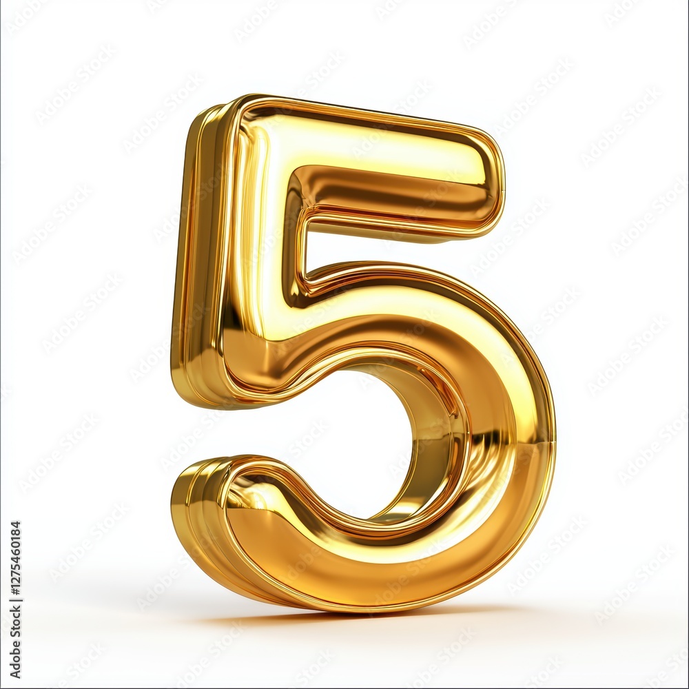 Number 5 made of polished gold with smooth reflections isolated on a clean white background Number 5 made of polished gold with smooth reflections isolated on a clean white background