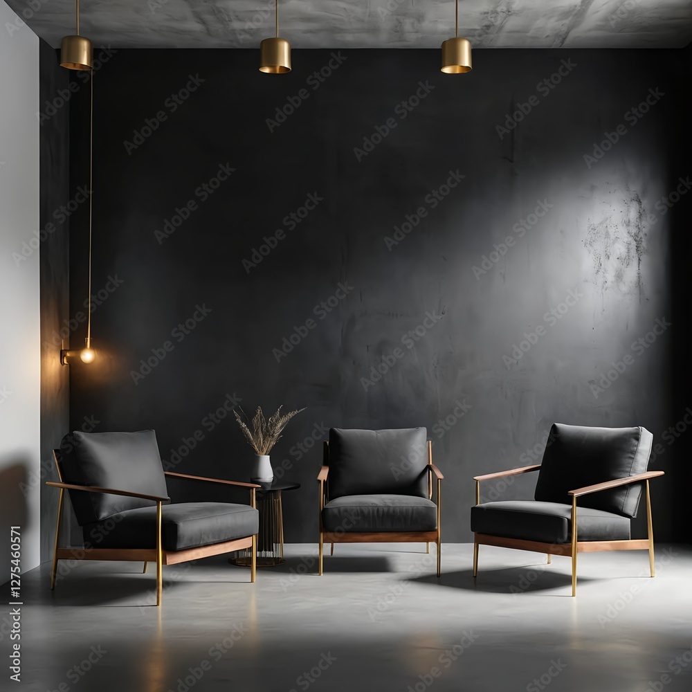 Fototapeta premium Modern Dark Living Room Interior with Three Armchairs