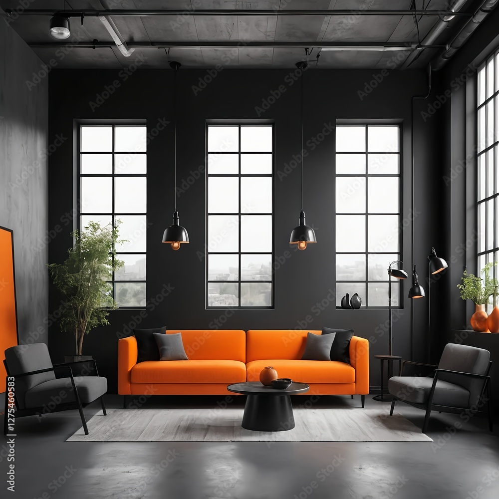 Fototapeta premium Modern Orange Sofa in Dark Loft Apartment