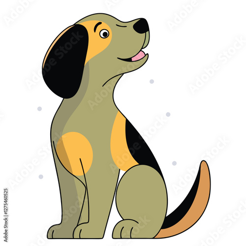 Cute Fluffy Dog Cartoon Vector – Sitting Pet Looking Up, Bold Outline Flat Design