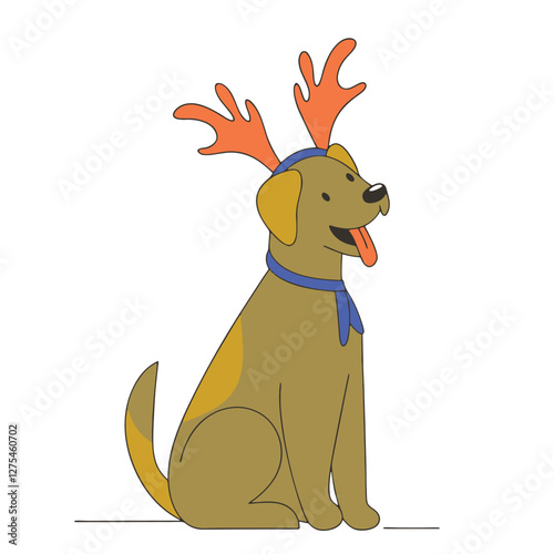 Cute Fluffy Dog Cartoon Vector – Sitting Pet Looking Up, Bold Outline Flat Design