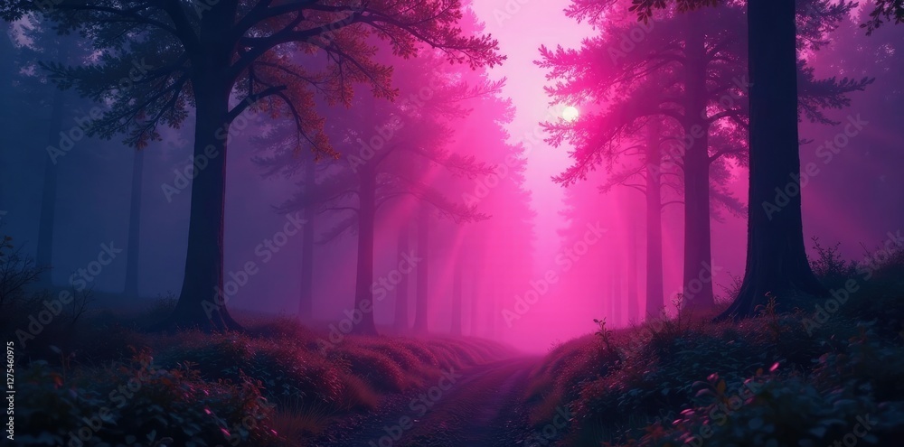 Obraz premium Soft pink lights illuminate a misty forest landscape, ambient atmosphere, soft focus