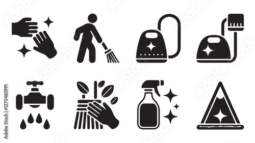 Cleaning icons, household chores symbols, black and white pictograms, minimalist design, cleaning supplies silhouettes, vacuum cleaner icon, spray bottle icon, caution sign icon, faucet icon, 