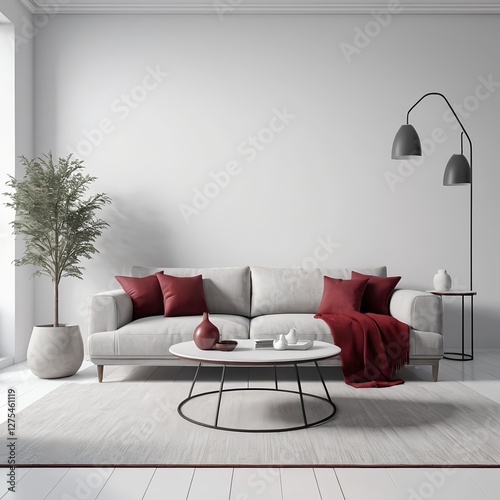 Modern Living Room Interior with Beige Sofa and Red Accents