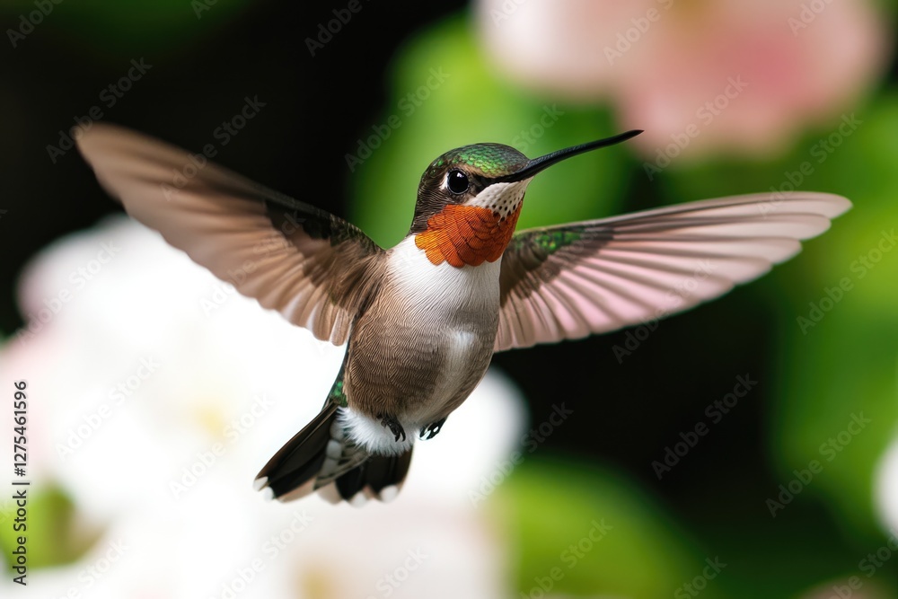 Fototapeta premium Vibrant hummingbird hovers gracefully among delicate flowers, sh