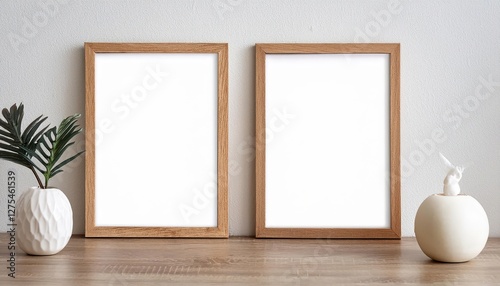 Two Vertical Wood Frames on a White Wall Elegant Double Frame Mockup Showcasing Vintage Charm and Simplicity in a Modern Space, Perfect for Home Decor or Artistic Compositions