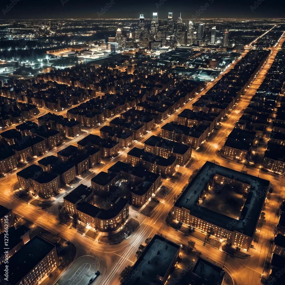 Obraz premium Aerial Night View of Cityscape with Illuminated Buildings and Streets